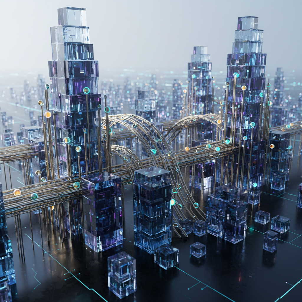 An abstract “AI economy” cityscape built entirely from translucent data blocks and metallic circuit-like structures rises from a glossy black surface. Towers resemble stacked bar charts, while elevated bridges form flowing curves similar to neural network connections. Tiny, glowing nodes indicate transaction points, pulsing gently in gradients of cyan and amber. The background is a softly blurred horizon of faint gridlines and distant data structures. Side lighting from the left creates sharp, professional contrast, with crisp highlights on metallic edges and deeper shadows between blocks. Captured with a cinematic wide-angle lens at a low perspective, the scene feels vast yet ordered, conveying a sense of scalable, algorithmic markets in photographic realism with a clean, futuristic mood.