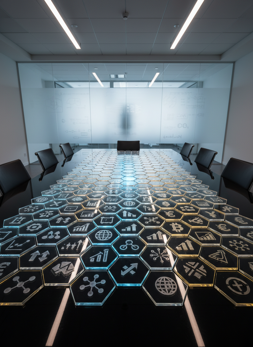 A long, black conference table is covered with neatly arranged translucent acrylic tiles, each etched with icons representing AI algorithms, economic indicators, supply chains, and digital currencies. Embedded LEDs within the table surface illuminate adaptive pathways between tiles, forming a glowing network that subtly shifts from cool blue to warm gold toward the frame’s edge, symbolizing value creation. The room is a modern glass-walled strategy lab, with frosted panels showing faint outlines of charts and equations. Overhead, soft linear lights produce even, professional illumination with delicate edge highlights on each tile. Photographed from a high, slightly diagonal angle for a clear top-down view, the atmosphere is disciplined and innovative, emphasizing structured thinking about AI-driven economic systems.