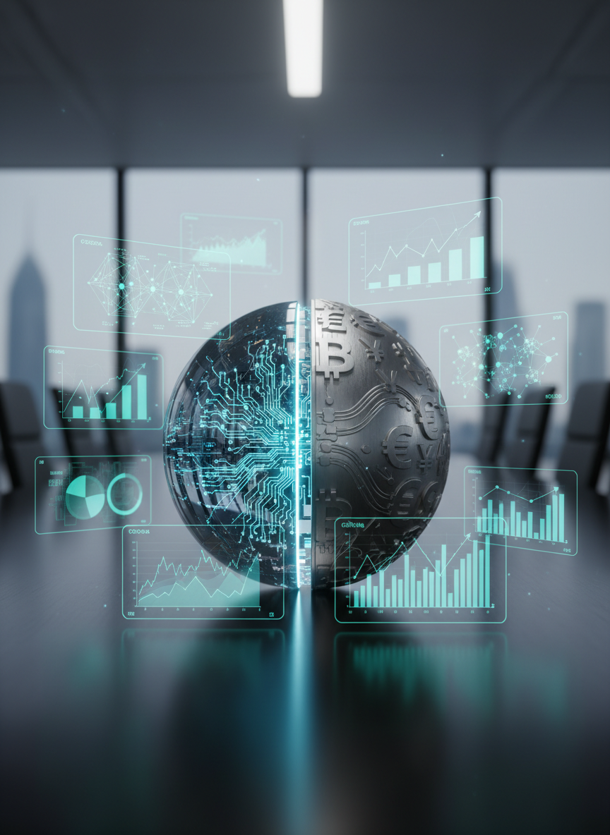 A sleek glass-and-metal sphere, half composed of intricate circuit-like patterns and half of embossed global currency symbols, rests on a dark, reflective boardroom table. Around it, semi-transparent holographic graphs and economic charts float in mid-air: rising and falling lines, clustered bar graphs, and network diagrams glowing in cool blues and teals. Soft, diffused studio lighting from above creates clean reflections and subtle shadows, emphasizing the polished, professional aesthetic. Captured at eye level with a shallow depth of field, the focus is on the sphere’s detailed textures while the background of blurred modern office architecture suggests strategic decision-making. The mood is analytical and forward-looking, evoking the synergy between artificial intelligence and global economics in a photographic, hyper-real style.