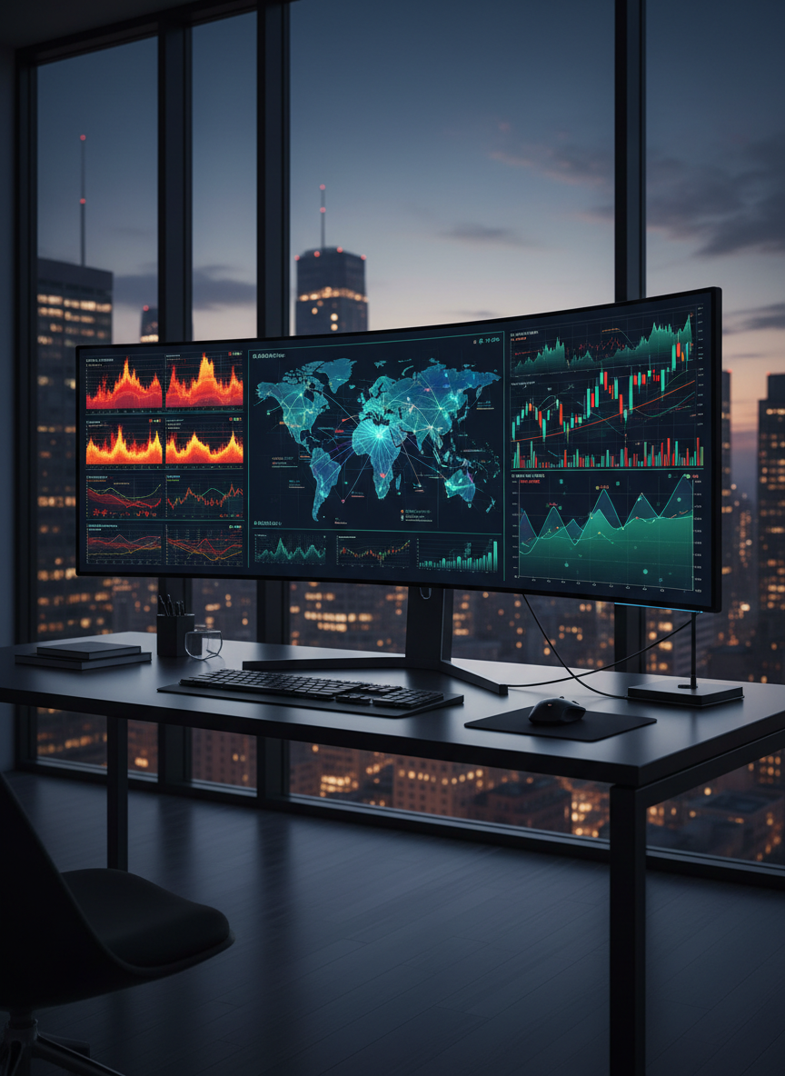 A high-end, ultra-wide computer monitor on a minimalist black desk displays a complex AI-driven economic dashboard: heatmaps of market activity, neural network diagrams overlaying a world map, and flowing real-time financial charts rendered in luminous blues, emerald greens, and amber highlights. The workspace is set against a panoramic city skyline at dusk, skyscraper windows twinkling outside a floor-to-ceiling glass wall. Cool ambient light from the monitor mixes with the soft blue hour glow, casting gentle reflections across the desk’s brushed metal surface. Shot from a slightly elevated three-quarter angle, everything is in crisp focus, conveying precision, clarity, and professional rigor. The photographic realism and clean composition communicate data-driven insight at the intersection of AI and economics.